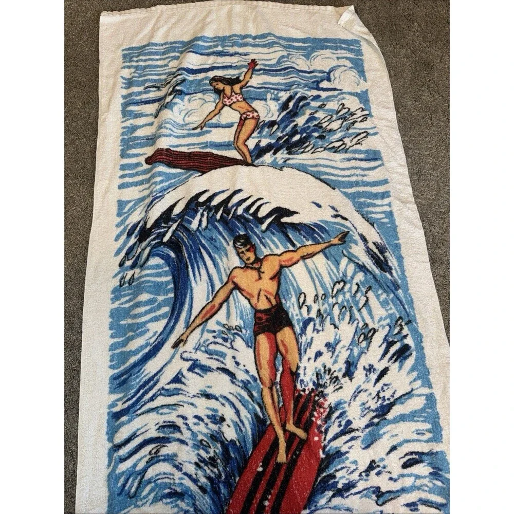 Vtg Surfer Bikini Wave Beach Towel 48x24” Couple Groovy 1960’s A Jay Original